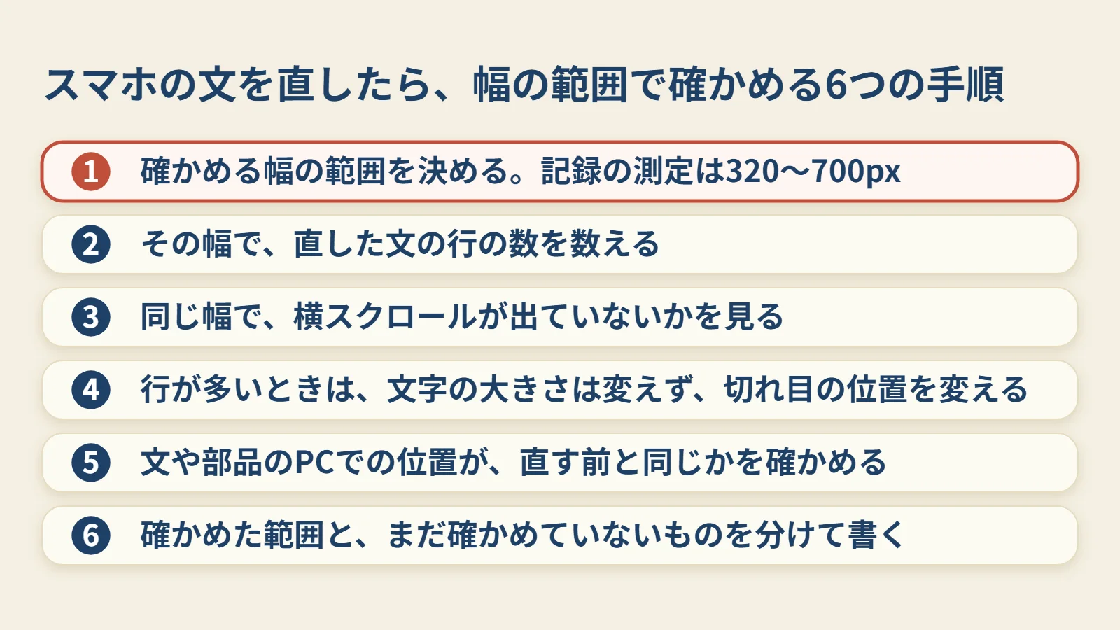 幅の範囲を決める、行の数を数える、横スクロールを見る、切れ目を変える、PCの位置を比べる、確かめた範囲を分けて書く、の6つの段です。